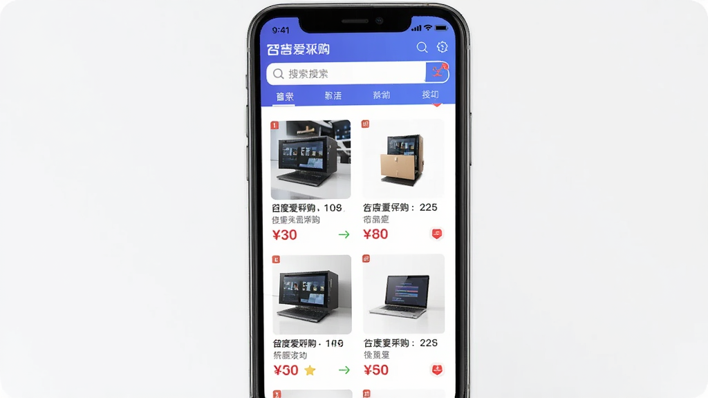 百度爱采购APP界面展示,主体为手机屏幕中的商品列表与搜索框,布局居中,排版简洁,风格现代商务,细节包含商品图片与价格标签,画质清晰干净无多余元素