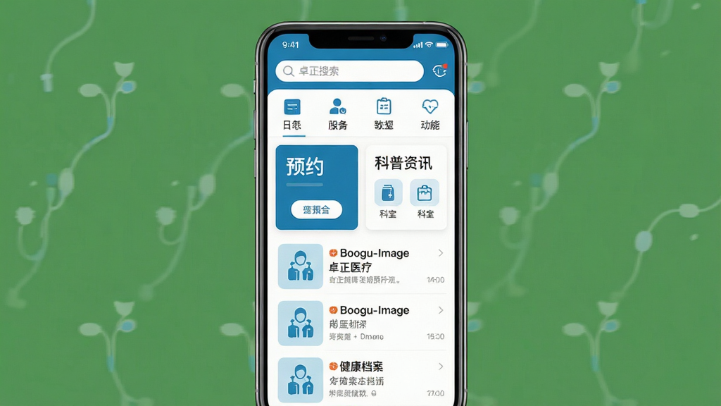 Boogu-Image ����һ���ֻ�Ӧ�ý���չʾͼ������Ϊ׿��ҽ�ƿͻ�����ҳ������Ϊ�Ϸ��������빦�����ͼ�꣬�в�ԤԼ��Ƭ�������Ѷ�б����Ű��������������Ϊ��ˬҽ������ɫ����ϸ�ڰ���ԤԼ��ť������ͼ�ꡢ����������Ƭ�����ʸ���ɾ��޶���Ԫ��