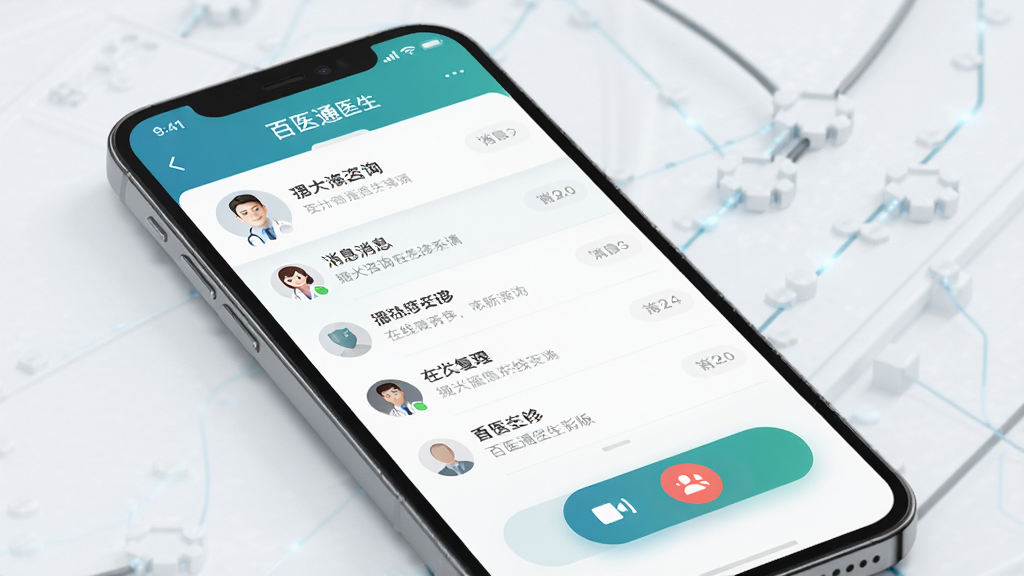 百医通医生版手机界面展示,主体为一部智能手机,屏幕显示图文咨询与在线复诊功能页面,布局简洁清晰,排版居中,风格为现代医疗科技风,细节包含医生头像、消息列表、视频通话按钮,画质高清,干净,无多余元素