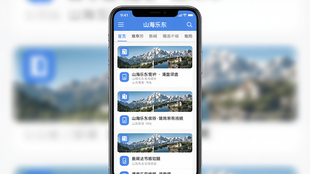一部智能手机屏幕上展示山海乐东客户端首页新闻列表界面,主体居中,布局为手机正面竖屏展示,排版上新闻卡片整齐排列顶部有栏目导航,风格为清爽现代扁平化设计,细节包括蓝色主题色图标清晰的新闻缩略图,画质高清干净无多余元素