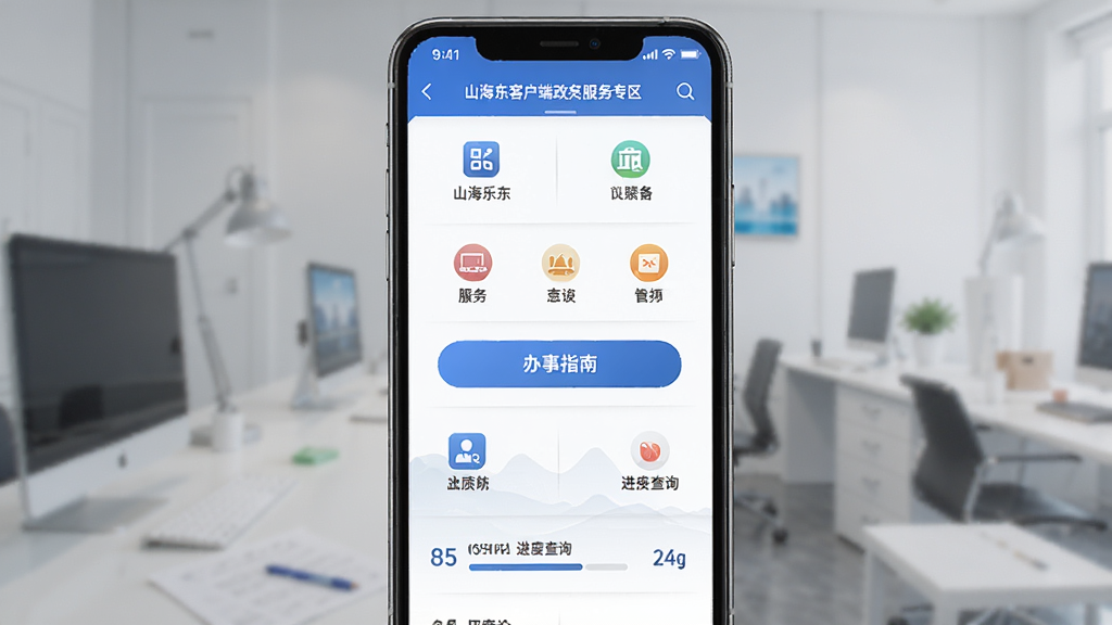 手机界面展示山海乐东客户端政务服务专区页面,主体为手机屏幕居中,布局为竖屏列表式功能入口,排版上服务分类图标分区排列,风格为简洁商务风,细节包括办事指南按钮与进度查询条,画质清晰干净无多余元素