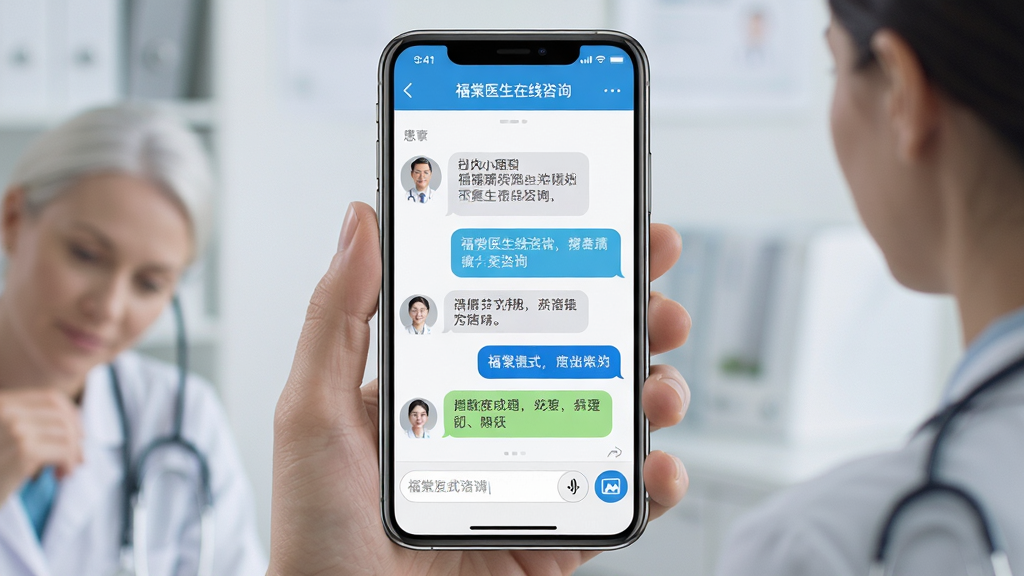 手机屏幕展示福棠医生在线咨询聊天界面,医生头像与患者对话气泡排列整齐,布局为居中竖向手机展示,排版简洁清晰,风格为现代医疗科技风,细节包含文字输入框、语音按钮、图片发送图标,画质高清干净无多余元素