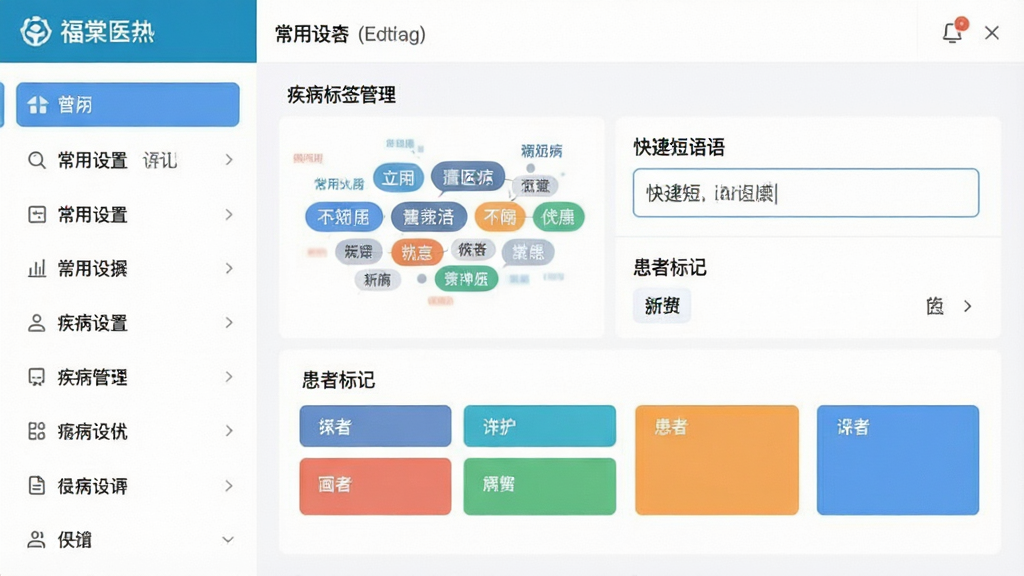 福棠医生应用界面展示常用语设置与疾病标签管理页面,布局为左侧列表右侧编辑区,排版规整,风格为清爽医疗办公风,细节包含标签云、快捷短语输入框、患者标记色块,画质高清干净无多余元素