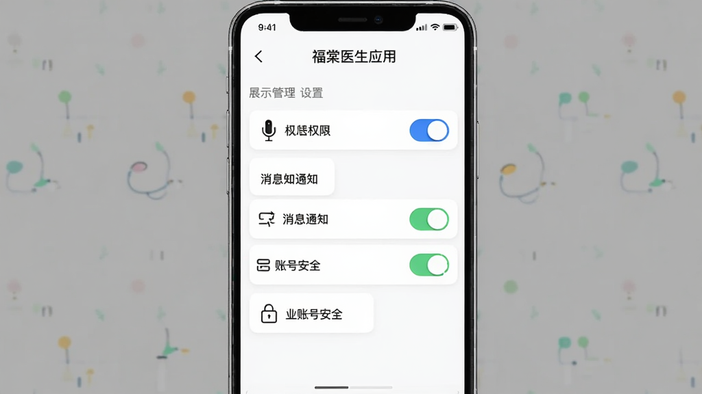 福棠医生应用设置页面展示权限管理与通知开关,布局为竖向列表式,排版清晰,风格为简约工具风,细节包含麦克风权限开关、消息通知选项、账号安全入口,画质高清干净无多余元素