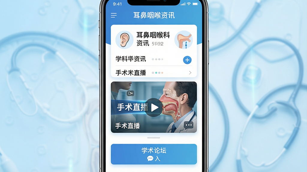 ��������Ϊһ���ֻ���Ļչʾ�������ʺ���Ѷ��APP��ҳ����Ļ�Ϸ�Ϊѧ����Ѷ��Ƭ�б����в�Ϊ����ֱ������ͼ���·�Ϊѧ����̳��ڰ�ť������Ϊ���������ֻ�չʾ������Ϊǳ��ɫҽѧ��񽥱䣻�Ű�����������Ƭʽ��ƣ����Ϊ�ִ�ҽ�ƿƼ��磻ϸ�ڰ��������ʺ������ͼ�ꡢֱ�����Ű�ť����̳�Ի����ݣ����ʸ��壬�ɾ����޶���Ԫ��