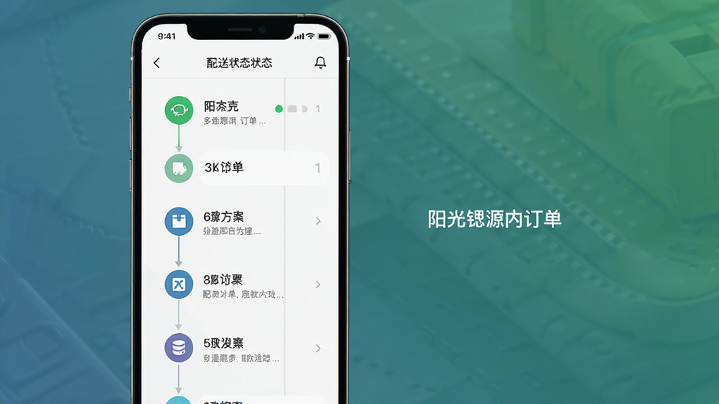 阳光锶源应用内订单配送流程示意图,主体为手机屏幕显示配送状态更新界面,布局居中展示订单进度条,排版纵向排列各状态节点,风格扁平化商务感,细节包含状态图标与文字说明,画质高清干净整洁