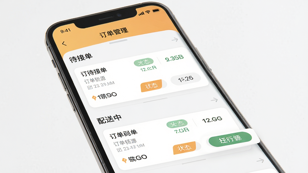 阳光锶源手机应用界面展示,主体为订单管理列表页面,布局清晰分为待接单与配送中两个区域,排版采用上下结构,风格简洁现代,细节包含订单卡片、状态标签与操作按钮,画质清晰干净无多余元素
