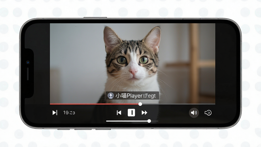 小喵Player播放界面展示视频画面与底部进度条、音量调节按钮,主体为手机横屏播放场景,布局居中,排版清晰,风格简约现代,细节包含字幕文字与播放控制图标,画质清晰,干净,无多余元素