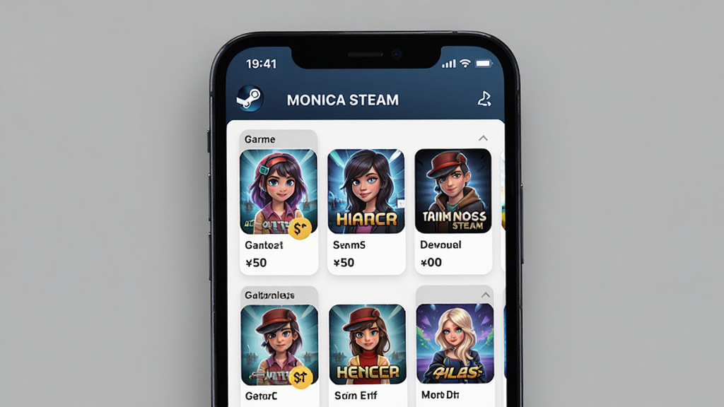 手机屏幕展示 Monica Steam 应用界面,主体为居中放置的智能手机,布局上下结构,上方为应用标题栏,下方为游戏库与愿望单卡片列表,排版整齐,风格简洁科技感,细节包含游戏封面缩略图与价格标签,画质清晰干净无多余元素