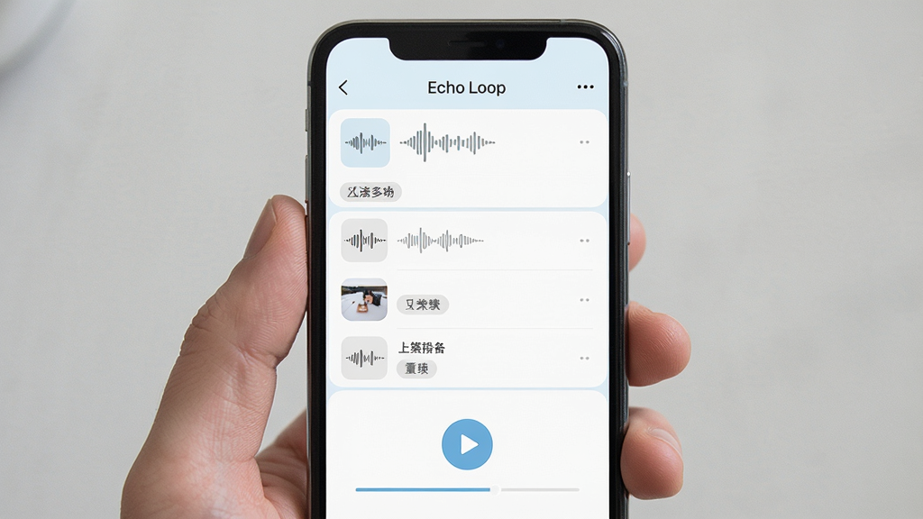 Echo Loop Ӧ�ý���չʾ������Ϊ�ֻ���Ļ�е�¼��Ƭ���б���ѭ�����Ű�ť������Ϊ�����ֻ�����ͼ���Ű������½ṹ�����Ϊ��ˬǳɫ��ƽ����ƣ�ϸ�ڰ�����Ƶ����ͼ�ꡢ�����ǩ�����Ž����������������ɾ��޶���Ԫ��