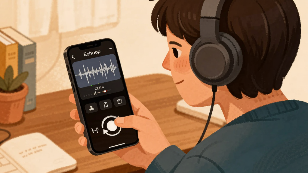 Echo Loop ʹ�ó����廭������Ϊһλ�������û�������ǰʹ���ֻ�¼��������Ϊ�������ƫ���ֻ���Ļ���������ɼ����Ű�Ϊ����ͼ�����Ϊ��ů�廭�磬ϸ�ڰ�����Ƶ���Ρ������ǩ��ѭ����ͷͼ�꣬���ʸɾ����������ұ���
