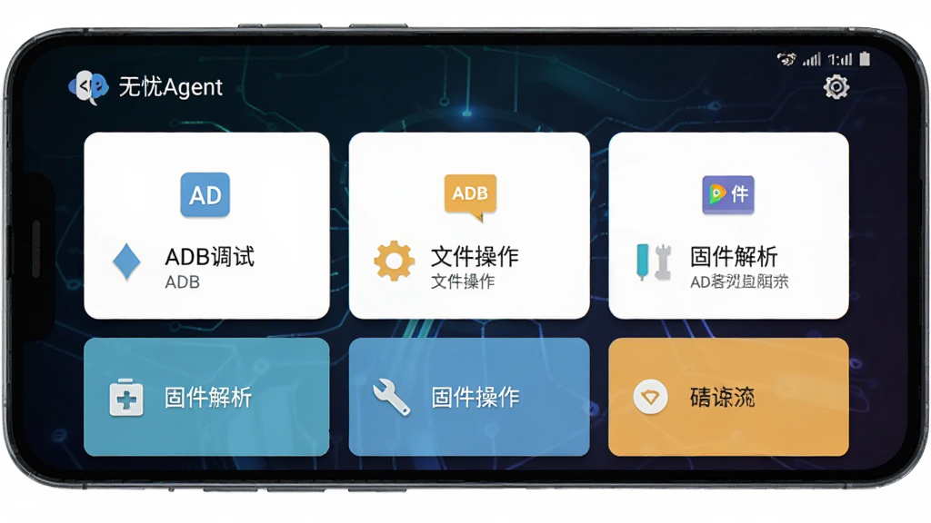 一部安卓手机屏幕显示“无忧Agent”应用主界面,界面中排列ADB调试、文件操作、固件解析等多个功能卡片,背景为深色科技感渐变,主体居中,布局清晰,排版整齐,扁平化UI风格,细节包含工具图标与状态栏,画质高清,干净,无多余元素