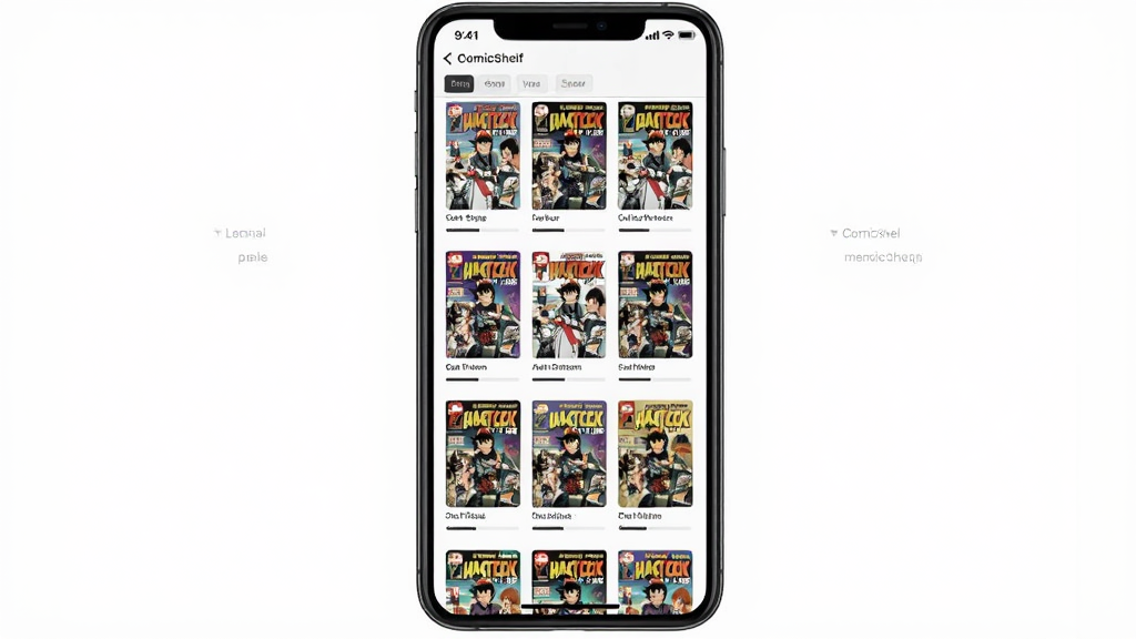 ComicShelf软件书架管理界面展示,主体为手机屏幕中的虚拟书架排列着多本漫画封面,布局为居中竖向构图,排版整齐有序,风格为简洁扁平化UI设计,细节包含分组标签与进度条,画质清晰干净无多余元素