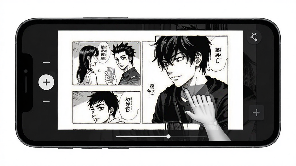 ComicShelf软件阅读界面展示,主体为手机屏幕中显示漫画页面并带有翻页手势示意,布局为横向阅读视角,排版简洁,风格为清爽阅读器界面,细节包含缩放控制与进度提示,画质清晰干净无多余元素