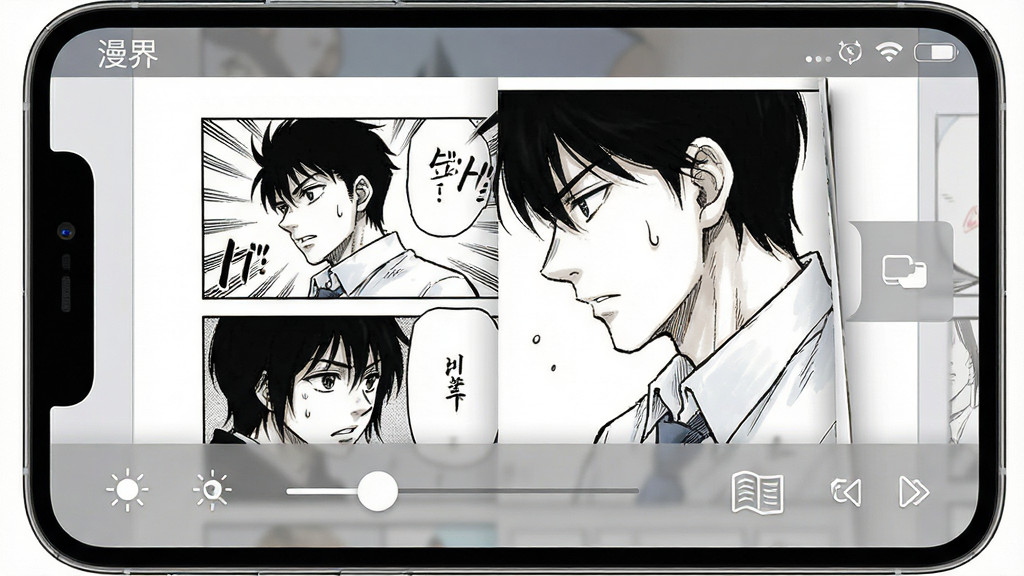 手机阅读界面展示漫画翻页效果,软件名称“漫界”出现在状态栏,主体为漫画页面与章节切换按钮,布局为全屏阅读加底部控制栏,排版简洁,风格干净明亮,细节包含亮度调节滑块和翻页模式图标,画质清晰无多余元素
