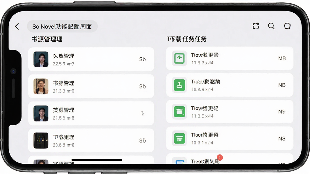 So Novel功能配置界面,手机屏幕显示书源管理列表与下载任务队列,浅色背景,卡片式布局,界面整洁,画质清晰,无多余元素