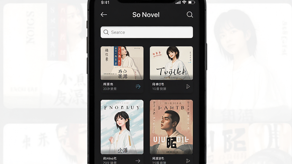 So Novel应用界面展示,手机屏幕中排列多个书源列表与搜索框,深色主题背景,简洁排版风格,细节清晰,画质干净,无多余元素