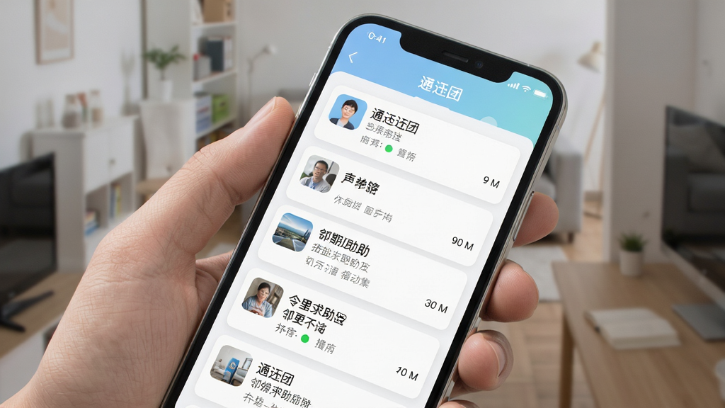 通辽团app互帮互助板块界面,手机屏幕展示邻里求助帖子列表,简洁卡片布局,清新浅色风格,界面干净无多余元素,高清画质