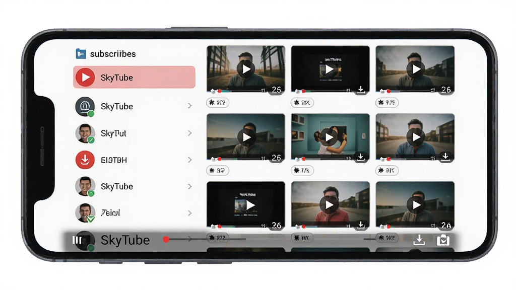 主体为一部智能手机,屏幕上显示SkyTube视频播放界面,左侧为订阅频道列表,右侧为视频缩略图网格,布局清晰居中,排版上下结构,风格为扁平化科技风,细节包括播放按钮、清晰度标签和下载图标,画质高清,画面干净,无多余元素