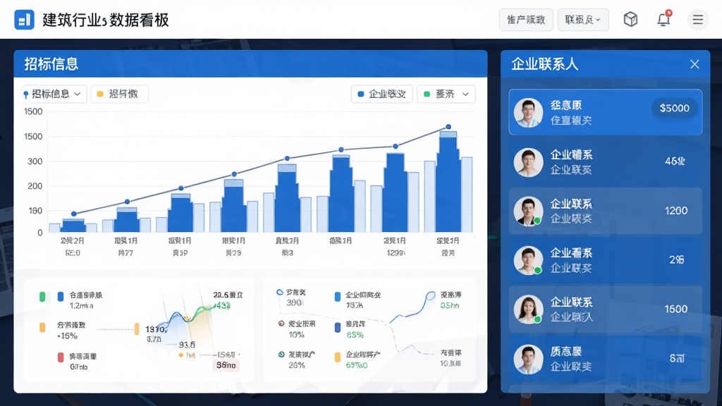 建筑行业数据看板界面,包含招标信息图表与企业联系人列表,蓝白配色,布局规整,风格现代商务,细节丰富,画质清晰,无多余元素