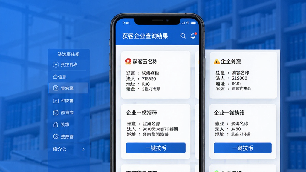 获客云软件功能宣传图,主体为手机界面中工商企业查询结果页,布局为左侧筛选条件栏与右侧企业信息卡片,排版对称工整,风格为清爽商务蓝调,细节包含企业名称、法人、地址与一键拨打按钮,画质清晰细腻,画面干净无杂乱元素