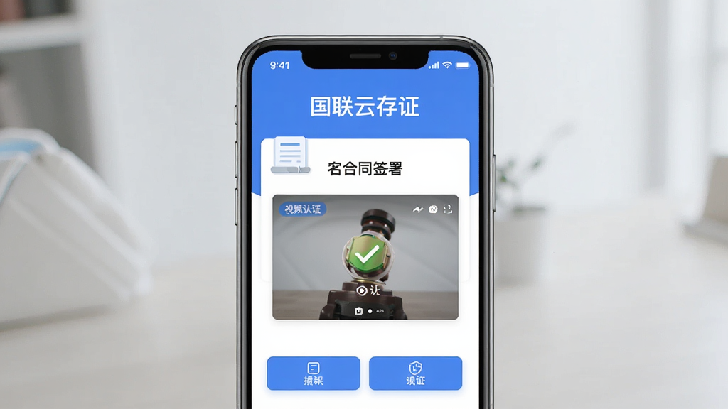 手机屏幕展示国联云存证应用界面,主体为居中放置的手机,屏幕内显示合同签署页面与视频认证窗口,布局上下分层上方为应用标题下方为功能按钮,排版简洁整齐,风格为清爽商务扁平化,细节包含蓝色主色调、合同图标、认证对勾标识,画质清晰干净无多余元素