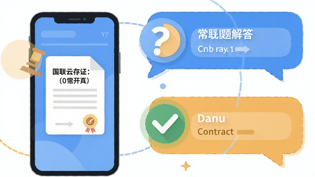 国联云存证常见问题解答场景,主体为手机与对话气泡组合,布局左侧手机右侧问答气泡,排版左右呼应,风格为轻松扁平插画风,细节包含问号图标、合同文档、对勾标识,画质清爽干净无杂乱元素