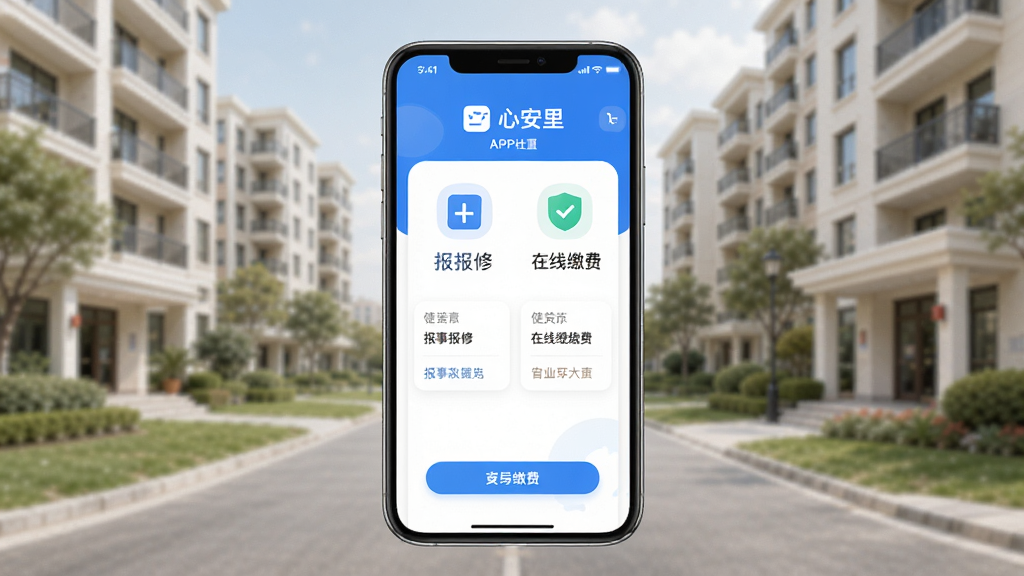 心安里APP界面展示,主体为手机屏幕中呈现报事报修与在线缴费功能页面,布局居中对称,排版清晰,风格现代简约,细节包含社区楼宇背景与图标元素,画质高清,干净,无多余元素