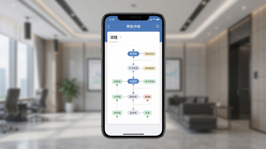小源大厅软件界面展示,主体为手机屏幕中的审批中枢页面,布局居中,排版简洁,风格现代商务,细节包含流程节点与状态标签,画质清晰干净无多余元素