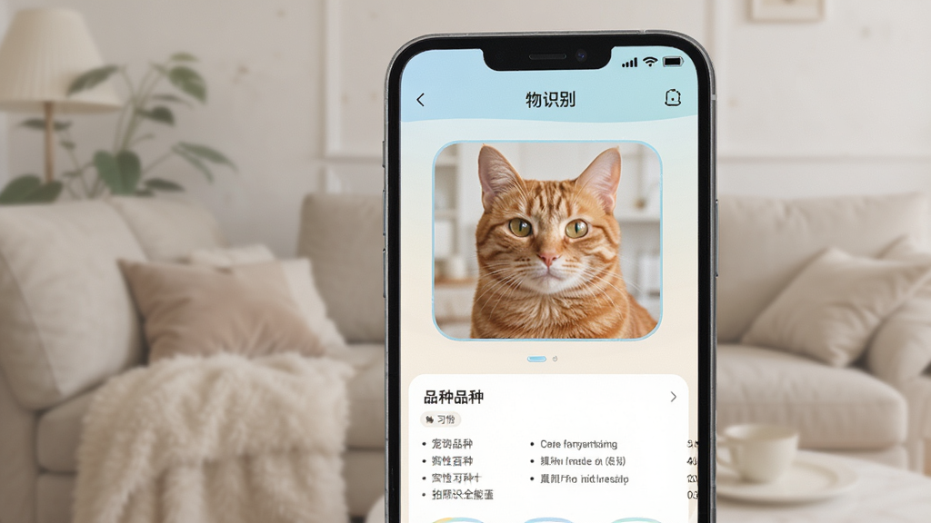 ����ʶ��ȫ����Ӧ�ý���չʾ����ʶ���ܣ���Ļ��һֻ��è��ʶ���Ȧ�����·���ʾƷ�֡�ϰ�ԵȰٿ���Ϣ��������ɫ��ͣ���������������ִ���Լ�����ʸ��壬�ɾ�������Ԫ��