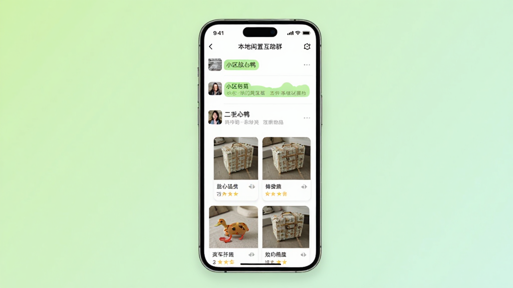 手机屏幕展示放心鸭应用界面,画面主体是一部竖屏智能手机,屏幕中显示本地闲置互助群聊列表和二手物品卡片,布局居中突出手机,背景为浅绿色渐变,风格清新简约,细节包含小区名称标签和物品缩略图,画质清晰干净无多余元素