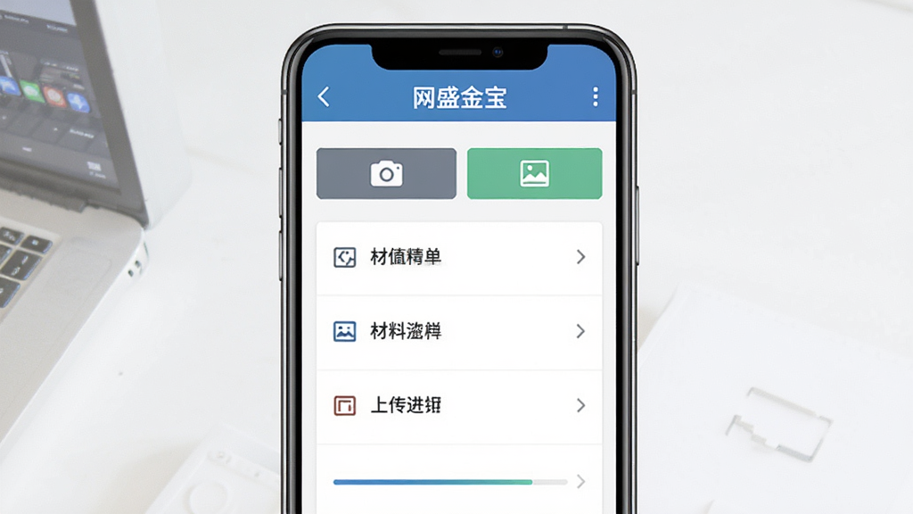 网盛金宝软件界面展示,主体为手机屏幕中的材料上传页面,布局为顶部标题栏加中部材料清单列表,排版整齐纵向排列,风格简洁商务,细节包含相机图标与相册图标按钮、上传进度条,画质清晰干净无多余元素