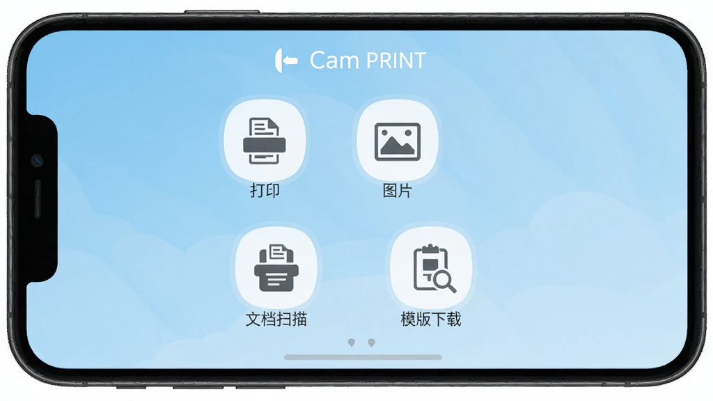 �ֻ���Ļ��ʾCam PRINTӦ�������棬����Ϊ�ĵ���ӡ��ͼƬ��ӡ���ĵ�ɨ�衢ģ�������ĸ�����ͼ�꣬����Ϊǳ��ɫ���䣬���ּ����У���ƽ��UI���ϸ�����������ʸɾ����޶���Ԫ��
