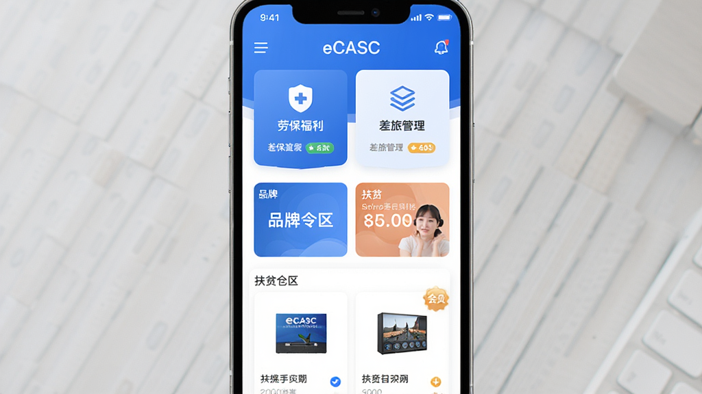 手机屏幕展示eCASC应用界面,主体为蓝白色调的企业服务APP首页,布局上方为劳保福利与差旅管理两大功能入口卡片,中部为品牌专区与扶贫专区商品展示,排版整齐清晰,风格简约商务,细节包含图标、商品缩略图与会员标识,画质高清干净无多余元素