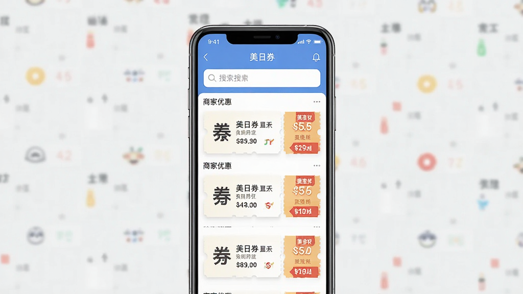 手机屏幕展示“美日券”应用首页,主体为居中手机界面,布局上方搜索框下方商家优惠列表,排版简洁清晰,风格现代扁平化,细节包含优惠券图标与价格标签,画质高清干净无多余元素