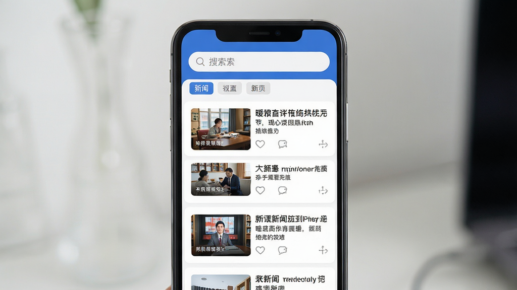 暖新闻手机客户端首页界面展示,主体为竖屏手机屏幕,布局为顶部搜索栏加资讯卡片流,排版整齐清晰,风格为现代新闻资讯类应用,细节包含频道标签、缩略图与标题文字,画质干净高清,无多余元素