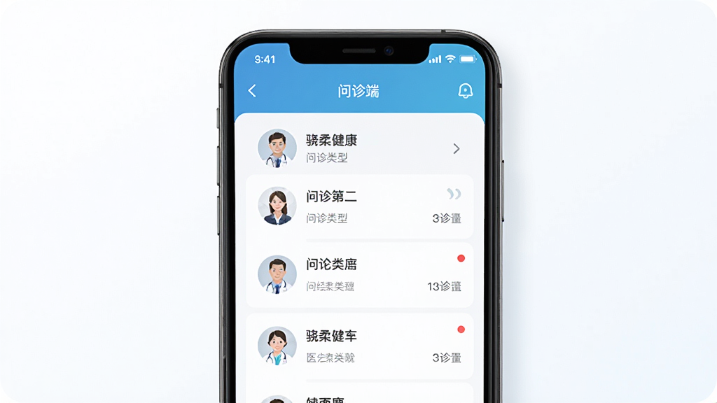 ���ὡ��ҽ����APP����չʾ������Ϊ�ֻ���Ļ�е������б�ҳ�棬���־��жԳƣ��Ű������������Ϊ�ִ�ҽ�ƿƼ��磬ϸ�ڰ���ҽ��ͷ����������ͼ������Ϣ��㣬���ʸ��壬�ɾ��޶���Ԫ��