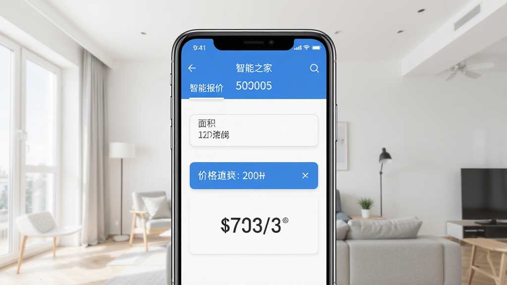 装修之家软件界面展示,手机屏幕中显示智能报价页面,主体为一部智能手机居中放置,布局简洁,排版清晰,风格现代简约,细节包含面积输入框和价格数字,画质高清,干净,无多余元素