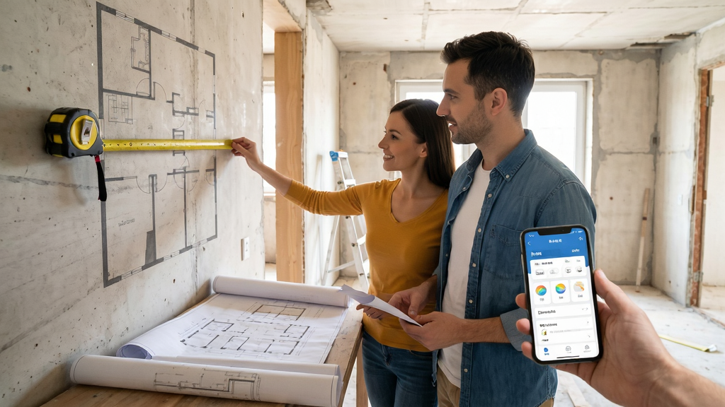 装修之家免费量房设计服务场景,主体为设计师与业主在毛坯房内测量沟通,布局为人物居中偏左,排版自然,风格写实温馨,细节包含卷尺、图纸和手机应用界面,画质高清,干净,无多余元素