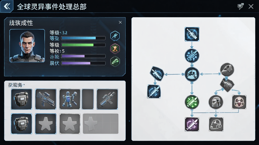 全球灵异事件处理总部角色成长界面,主体为角色属性面板与技能树,布局左右分栏排版,风格简洁科技感,细节包含等级进度条与装备栏,画质高清干净无多余元素