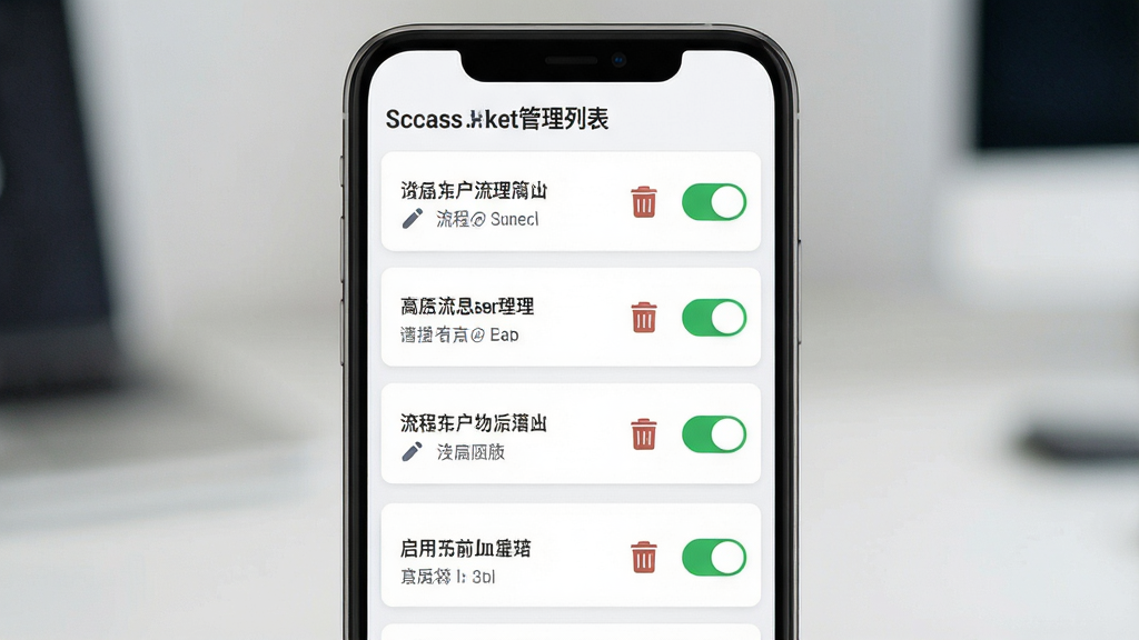 手机应用界面展示流程管理列表,主体为多条流程卡片纵向排列,布局为顶部标题栏加下方列表区,排版疏密有致,风格为浅色简约商务风,细节包含编辑铅笔图标、删除垃圾桶图标、启用开关等控件,画质清晰干净无杂乱元素