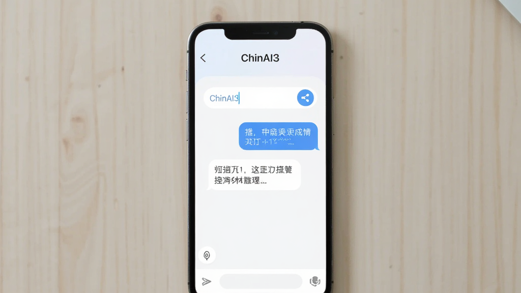画面主体是一部手机屏幕显示ChinAI3应用对话界面,布局为手机居中放置于浅色桌面,排版简洁上方是应用名称“ChinAI3”下方是对话输入框与生成文字区域,风格为清爽扁平化UI设计,细节包括圆角输入框、发送按钮、文字气泡,画质高清干净无多余元素