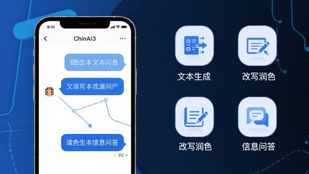 画面主体是ChinAI3应用功能展示图,布局为左侧手机界面右侧功能图标排列,排版上手机屏幕展示问答对话、右侧列出改写润色与信息问答图标,风格为现代科技感扁平插画,细节包括蓝色主色调、简洁图标、文字标签“文本生成”“改写润色”“信息问答”,画质高清干净无多余元素
