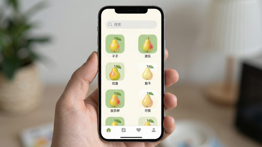 手机屏幕展示梨子乐游戏应用主界面,主体为居中排列的游戏分类卡片列表,布局简洁上下留白,排版采用浅色背景配圆角图标,风格清新休闲,细节包含搜索框与底部导航栏,画质清晰干净无多余元素
