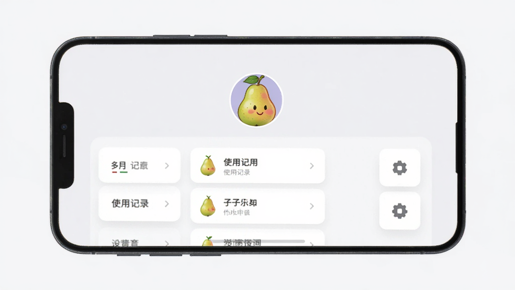 手机界面展示梨子乐游戏个人中心页面,主体为居中的头像与功能列表,布局上下分区清晰,排版采用卡片式设计配浅灰底色,风格简约现代,细节包含使用记录与设置图标,画质清晰干净无多余元素