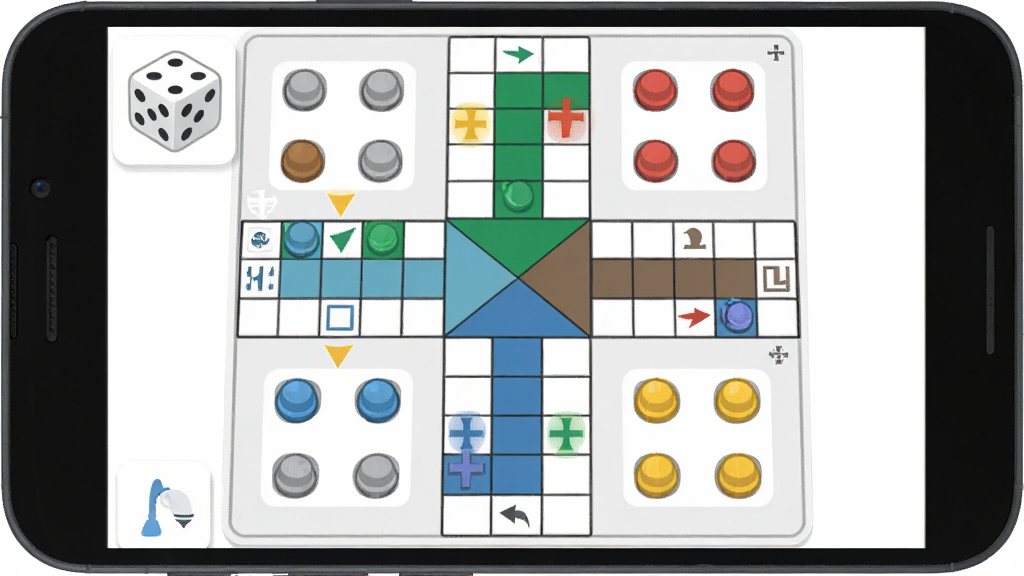 主体为一台横放的安卓手机,屏幕上显示简洁清晰的飞行棋棋盘与彩色棋子,布局为手机居中、棋盘占据屏幕主要区域,排版上棋盘四周留白干净,风格为扁平化休闲游戏界面风,细节包括骰子图标、可移动范围高亮提示与事件格标记,画质清晰、干净、无多余元素