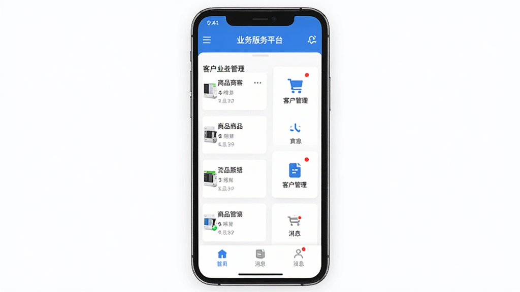 医链业务版软件界面展示,主体为手机屏幕中的业务服务平台首页,布局为顶部导航栏加中部数据卡片与底部菜单栏,排版整齐清晰,风格为简约商务蓝白配色,细节包含商品列表、客户管理图标与消息提醒红点,画质高清,干净,无多余元素