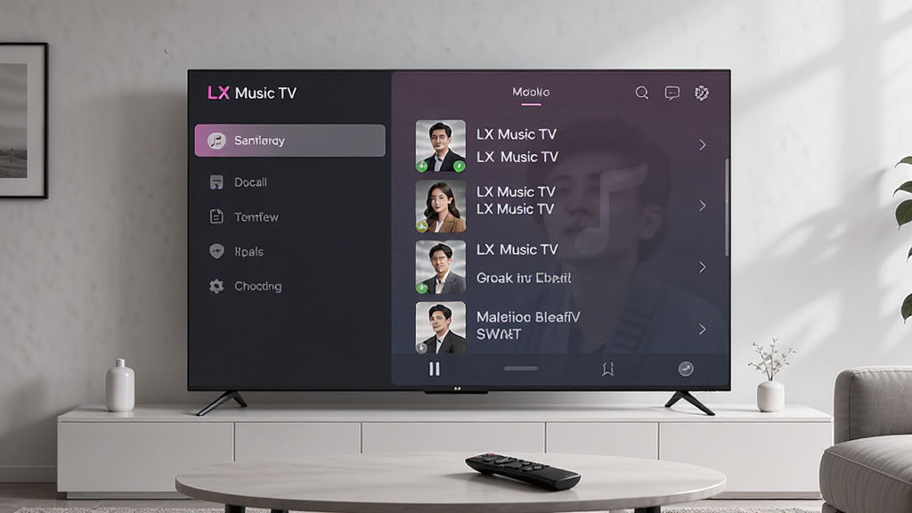 ����������һ̨�������ܵ��ӣ���Ļ����ʾLX Music TV�������ֽ��棬������򵼺����������Ҳ�����б�����ͬ��չʾ������Ϊ�������������ӽǣ�����ִ���Լ�Ƽ��У�ϸ�ڰ���ң�������ڲ輸�ϡ���Ļ��Ӱ��͡�����Ԫ�ظɾ����룬���ʸ���1080P���ɾ��޶���Ԫ��