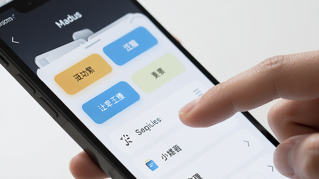 Madus 功能模块操作场景,主体为手持手机展示应用功能页面,布局为斜角特写,排版突出功能按钮与列表,风格为清新简约数码风,细节包含手指点击动作与界面高亮,画质清晰干净无多余元素