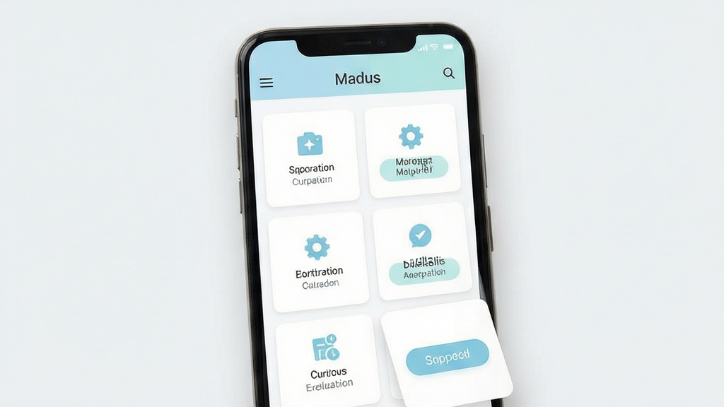 Madus 软件界面展示,主体为手机屏幕中央显示简洁工具类应用主界面,布局为上方标题栏下方功能卡片列表,排版整齐留白充足,风格为清新浅色扁平化设计,细节包含图标与文字按钮,画质清晰干净无多余元素
